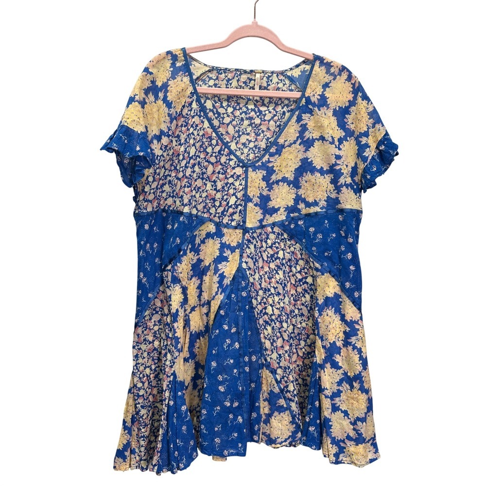 Free People Wildflower Patchwork Cotton Mini Blue Yellow Dress S